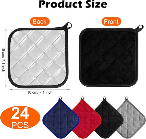 24 Pcs Pot Holders for Kitchen Set - Heat Resistant Hot Pads for Kitchen, 7.1x7.1 Inch Cotton Blend Quilted Potholders (4 Colors)