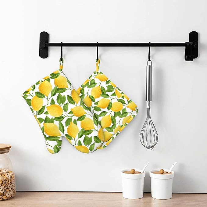 Lemon Oven Mitts and Pot Holders Sets of 4,Resistant Hot Pads with Silicone Non-Slip BBQ Gloves for Kitchen,Cooking,Baking,Grilling