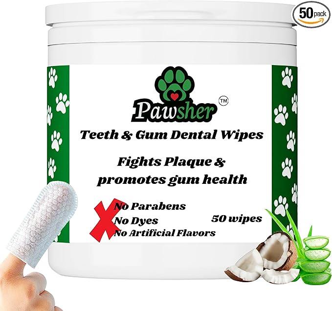Pawsher Dog Teeth Cleaning Wipes - Natural Coconut Oil & Aloe - Dental Wipes for Dogs - No-Rinse Pet Dental Finger Wipes - 50 Count