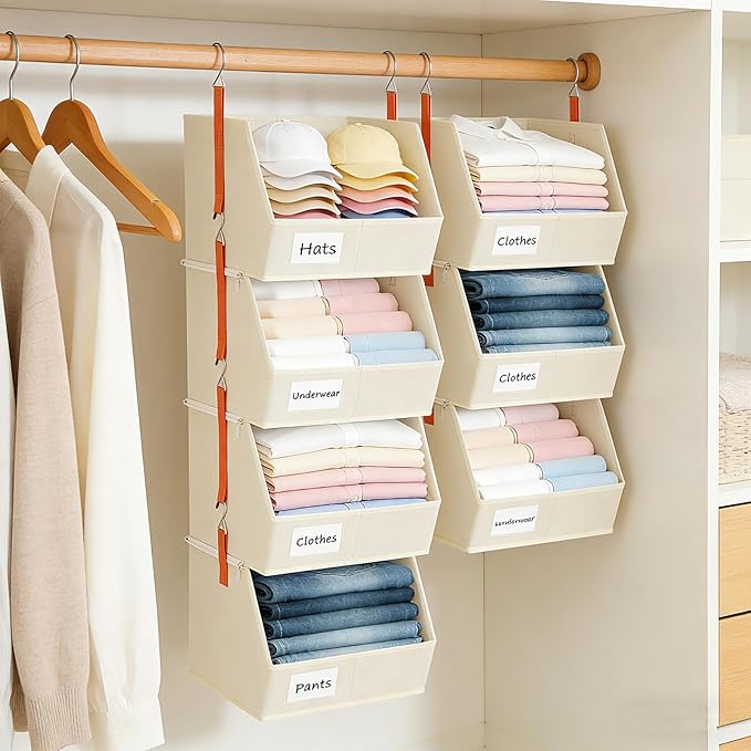 Baesyhom 4 Pcs Modular Closet Organizer - Detachable & Foldable Hanging Storage Cubes, 88L Total Capacity, Heavy Duty Fabric Shelves for Wardrobe, Closet Organization, RV, Dorm, Beige