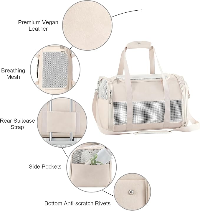 Monanller Fashion Leather Dog Carrier, Airline Approved Cat Carrier Soft Sided Pet Bag Carrier Purse for Puppy Kitten Small Animals White