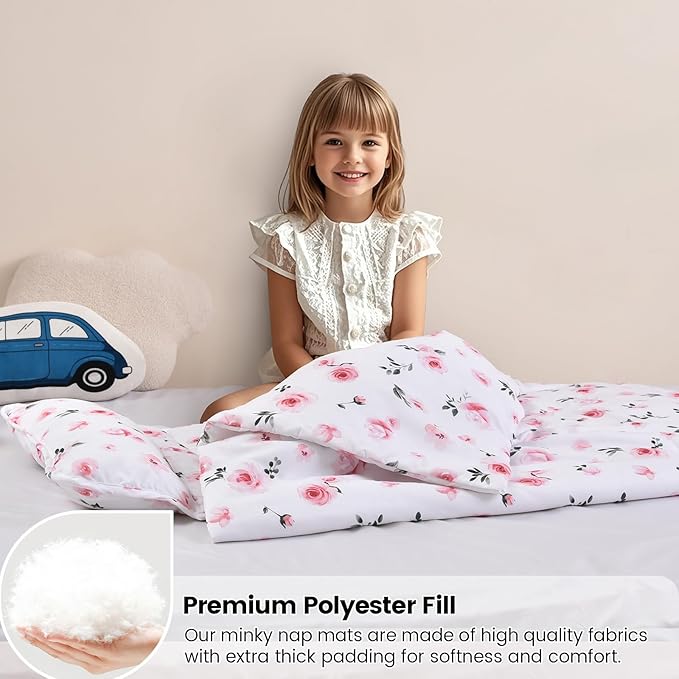 david's kids Toddler Nap Mat Set with Removable Pillow, Ultra Soft Slumber Bags for Girls，Perfect for Preschool, Daycare, Kids Sleeping Bags with Rollup Design, 50"x20", Floral