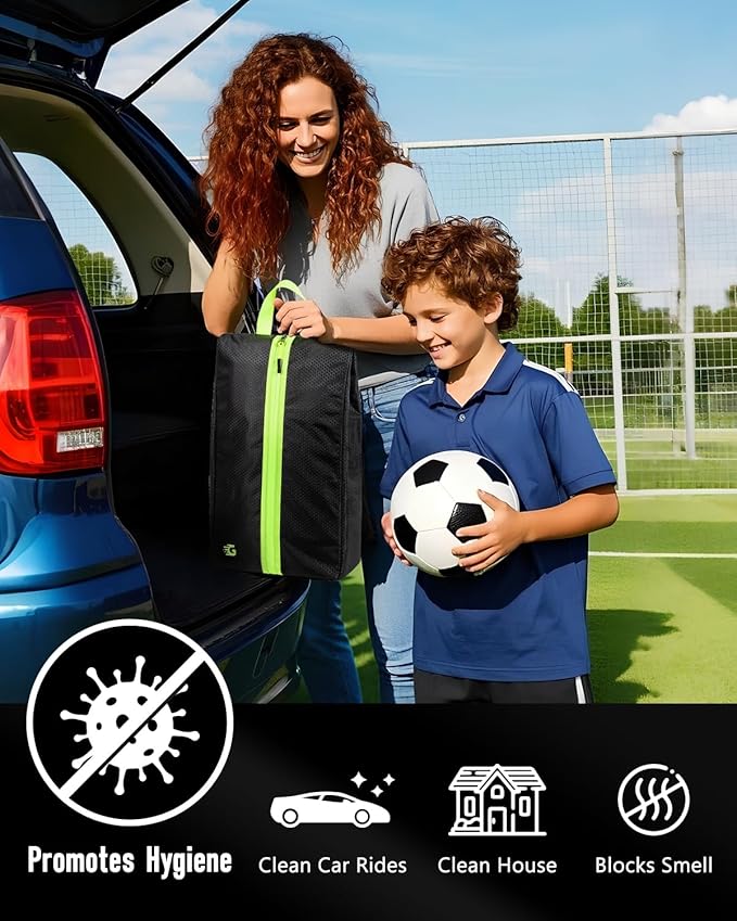 GLORIEROO Smell Proof Shoe Bags for Travel-Soccer Cleat Bag Smell Proof with Active Carbon Fabric | Odor-Absorbing Water-Resistant Track Shoe bags for Sports (Black with Black, UP TO US11)
