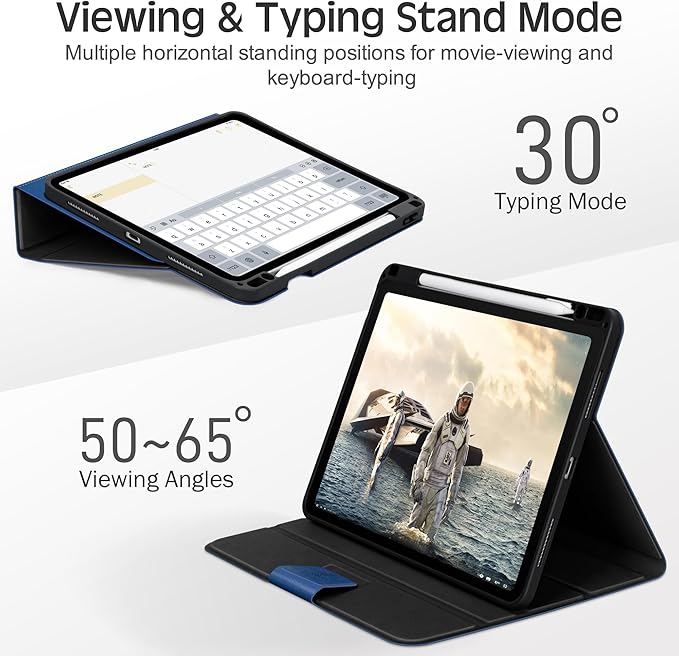 KingBlanc Case for iPad Pro 11 inch (M5 2025/M4 2024) with Pencil Holder, Vegan Leather Smart Stand Cover, Auto Sleep Wake, Support Pencil Pro/(USB-C), Viewing/Typing Angle, Durable Protection, Blue
