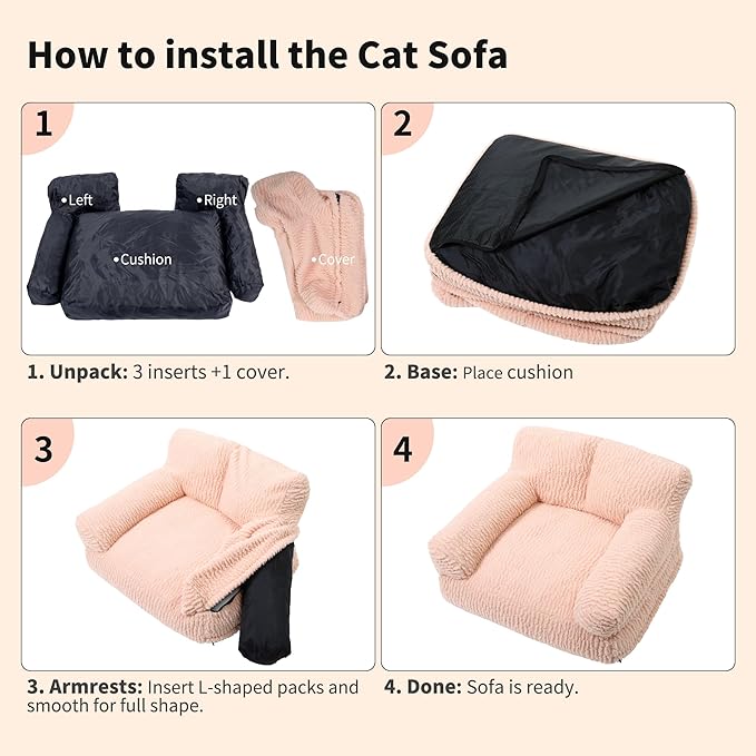 KHONSU PET Orthopedic Cat Sofa Bed - Large Plush Pet Couch for Indoor Cats, Washable Fluffy Dog & Kitty Lounge Chair with Removable Cover, Supportive Comfy Bed,30 Inch Pink
