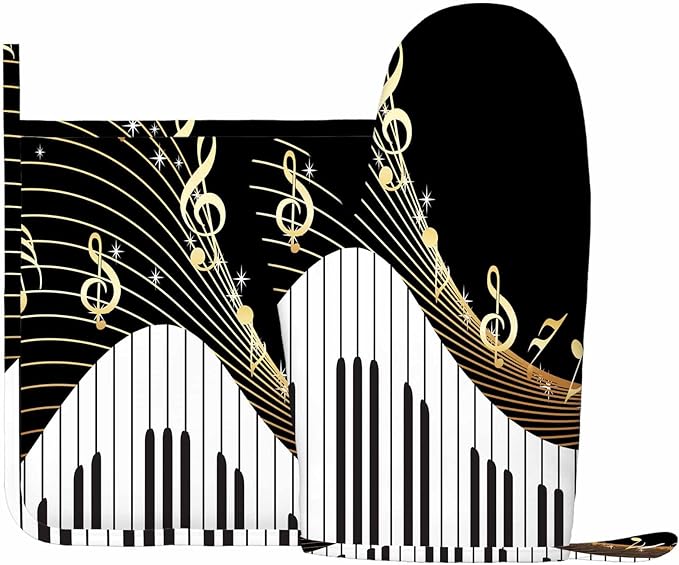 Mxocom Piano and Music Note Heat-Resistant Oven Mitts and Pot Holder Instrument Melodic Letter Twinkle Black Kitchen Non-Slip Cooking Microwave Gloves for Cooking Baking Grilling