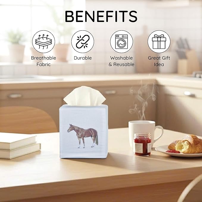 EmbroideryLinen.VN Tissue Box Cover Set of 2, Square Linen Tissue Holder, Printed Animal Pattern, 4.5x4.5x5.5 Inches, Decorative Holder for Bathroom, Living Room, Office (Horse - Ivory)