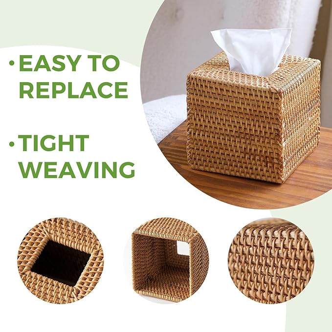 2 Pack Natural Rattan Tissue Box Cover, Hand Woven Square Wicker Holder for Facial Tissues, Wicker Napkin Holder Ideal for Bathroom Living Room, Tissue Holders Decorative for Kitchen Office and Desk