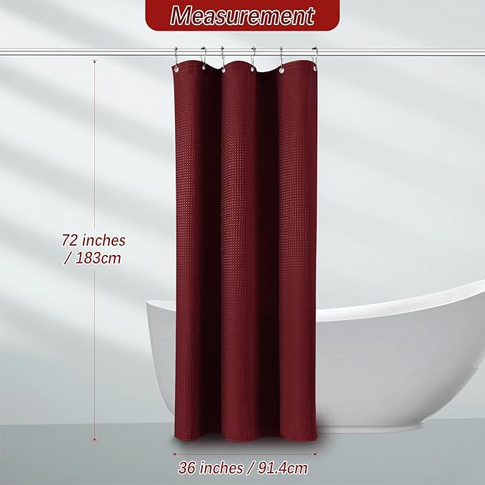 PANGSINNE Stall Burgundy Fabric Shower Curtain - Waffle Textured Small Heavy Duty Cloth Shower Curtains for Bathroom, 256GSM Narrow Hotel Spa Luxury Bath Curtain Set with 6 Hooks (36Wx72H, Burgundy)