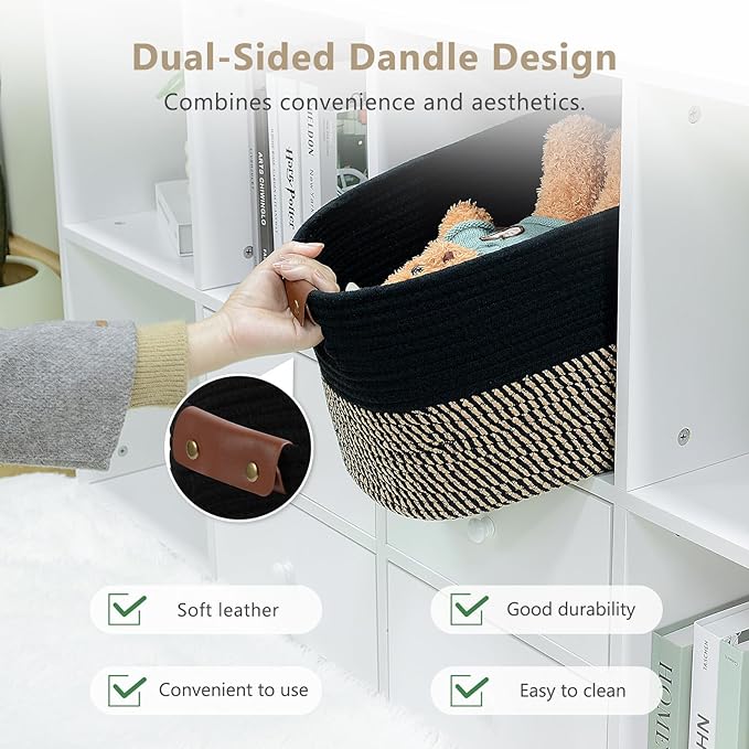 ECDYQXVU Cotton Rope Basket, Storage Baskets with Handle, 15x10x9 Inch Woven Basket for Shelves, Laundry, Towels, Clothes, Books, (Black Brown 1 Pack)