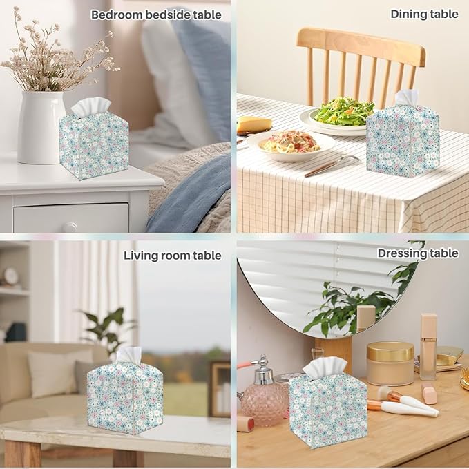 Tissue Box Cover, Tissue Box Holder, Square with Belt Bottom, PU Leather Decorative Organizer for Desk, Tabletop, Countertop Bathroom, Toilet Car, Office, Dresser Bedroom, Aesthetic Flower Decor