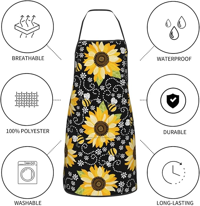 Sunflower Bees Oven Mitts and Pot Holders with Apron Set of 5 Silicone Sunflowers Kitchen Mitten Gloves and Non-Slip Potholders Cooking Apron Set Heat Resistant Oven Gloves Hot Pads for BBQ