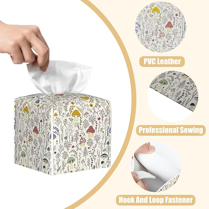 BLYKVGHQ Colorful Wild Plants and Mushrooms Tissue Box Cover Square, Tissue Box Holder with Bottom Belt Leather Facial Paper Organizer Dispenser for Bathroom Bedroom Dresser Night Stand Tabletop