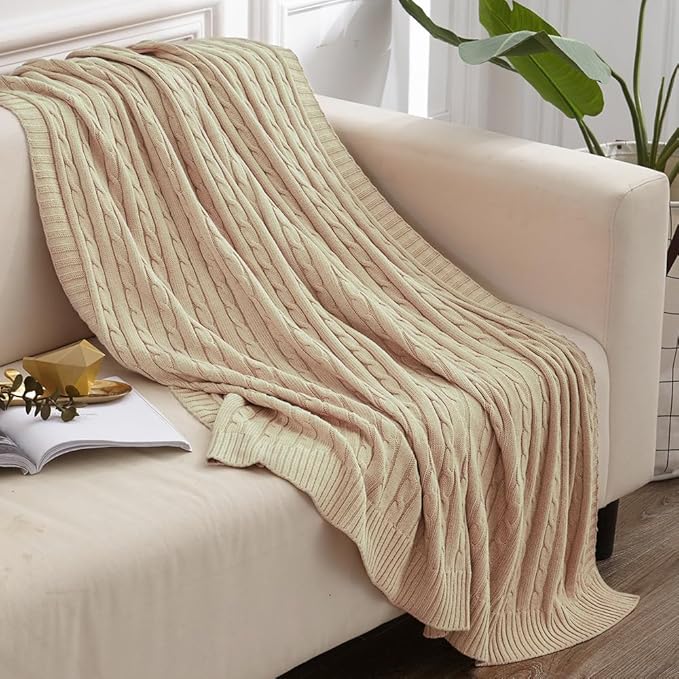 NTBAY 100% Pure Cotton Oversize (60x80) Cable Knit Throw Blanket, Super Soft Warm Knitted Throw Blanket for Bed, Sofa, Chair, Couch - Extra Cozy, Machine Washable, Comfortable Home Decor, Khaki