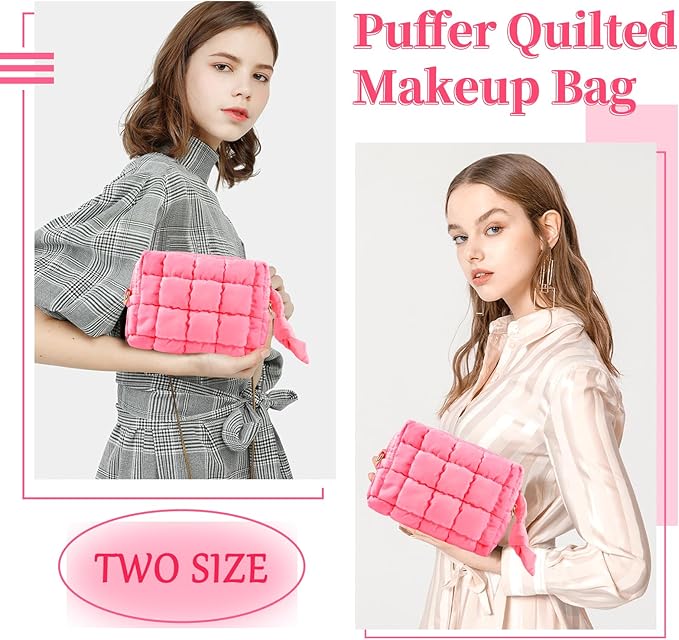 Puffer Quilted Makeup Bag Cosmetic Bags,Puffy Travel Toiletry Pouch for Women,Cute Checkered Zipper Bag Travel Essential,Portable Aesthetic Make up Organizer Bag for Gifts Work Daily(Pink,S)