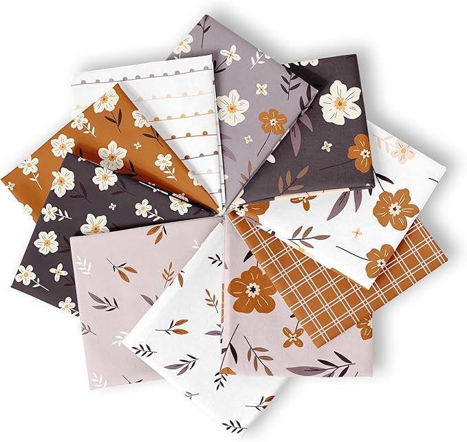 10-Pcs Fat Quarters Fabric Bundles of 100% Soft Cotton, 18" x 22" - Moody Blooms Floral Fabric Squares for Patchwork, Quilts, Pillow Covers & More - DIY Handmade Crafts & Home Décor