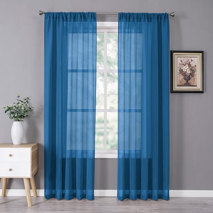 Tollpiz Sheer Curtain Linen Textured Bedroom Curtains Sheer Light Filtering Rod Pocket Voile Curtain for Living Room, 54 x 95 inches Long, Classic Blue, Set of 2 Panels