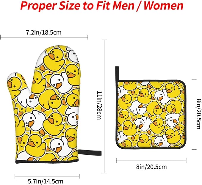 Cute Yellow Duck Oven Mitts and Pot Holders Set of 4, Oven Mittens and Potholders Heat Resistant Gloves for Kitchen Cooking Baking Grilling BBQ