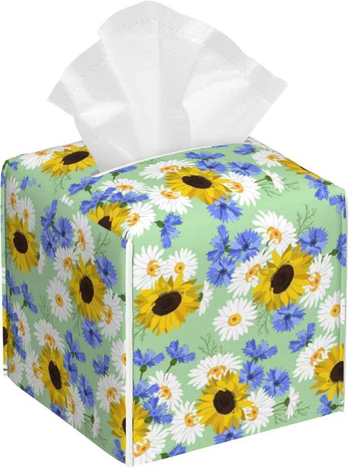 POIUBLE Tissue Box Holder Sunflowers, Cornflowers and Chamomile Tissue Box Cover Square Leather Tissue Holder Organizer Portable Decorative Facial Paper Case for Home Office Bathroom Vanity Countertop