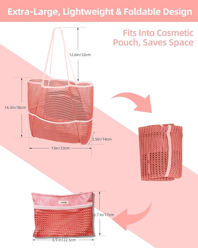 ToKismet Mesh Beach Tote Bag Packable,2026 New 2-in-1 Large Lightweight Foldable Beach Bags with Multiple Pockets for Women