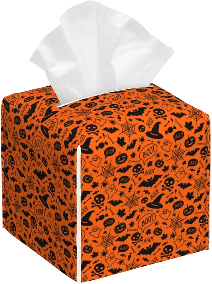 POIUBLE Halloween Pumpkins and Bats Tissue Box Cover Skulls Spiders Ghosts Leather Tissue Box Holder Square Facial Paper Organizer Dispenser for Bathroom Kitchen Bedroom Vanity Countertop Night Stands