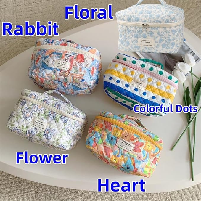 Fcteap Makeup Bag Travel Essentials Quilted Cosmetic Toiletry Pouch Organizer Insert for Women Dorm Room Essential Gift Large Capacity Opening Lightweight Cute Aesthetic Portable 2PCS (Flower)