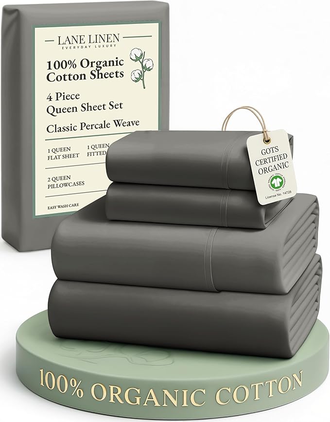 LANE LINEN Sustainably Produced 100% Organic Cotton Queen Size Bed Sheets, Soft & Comfy Naturally Cooling Percale Cotton Sheets, Low Pill Fade Resistant 15" Deep Pocket Queen Sheets– Charcoal