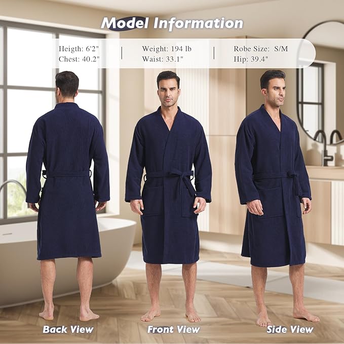 FashGudim Terry Cloth Robes for Men Big and Tall Short Mens Kimono Robe Super Absorbent Spa Bathrobe Calf Length With Pockets