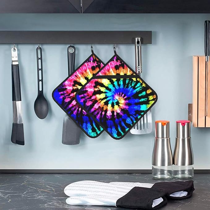 2 Pieces Rainbow Tie-dye House Pot Holders for Kitchen Heat Resistant, 2pc Decorative Colorful Pot Holder Set, Fashionable Pot Holders for Kitchen and Baking