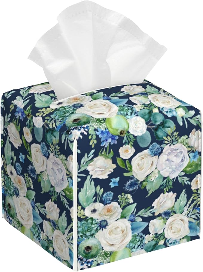 BLYKVGHQ Botanical Leaves Square Tissue Box Cover Watercolor Flowers Tissue Box Holder Facial Cube Paper Dispenser Leather Decorative Organizer Home Office Desk Decor, 5.2"x5.2"x5.2"
