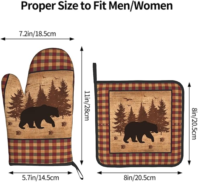 Black Bear Oven Gloves and Pot Holders Forest Cabin Wildlife Kitchen Mitts Hot Pads Farmhouse Red Green Buffalo Plaid Decorative BBQ Essentials and Accessories for Chef Cooking Baking Gifts