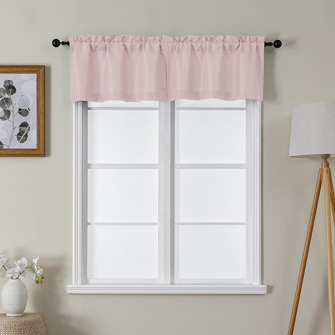 Lecloud Bessie Blush Pink Valance for Windows 14 Inch Length 2 Pcs, Short Cafe Kitchen Curtains with Rod Pocket, Faux Linen Window Valances Curtains for Bedroom Basement Bathroom, Each 30 W x 14 L