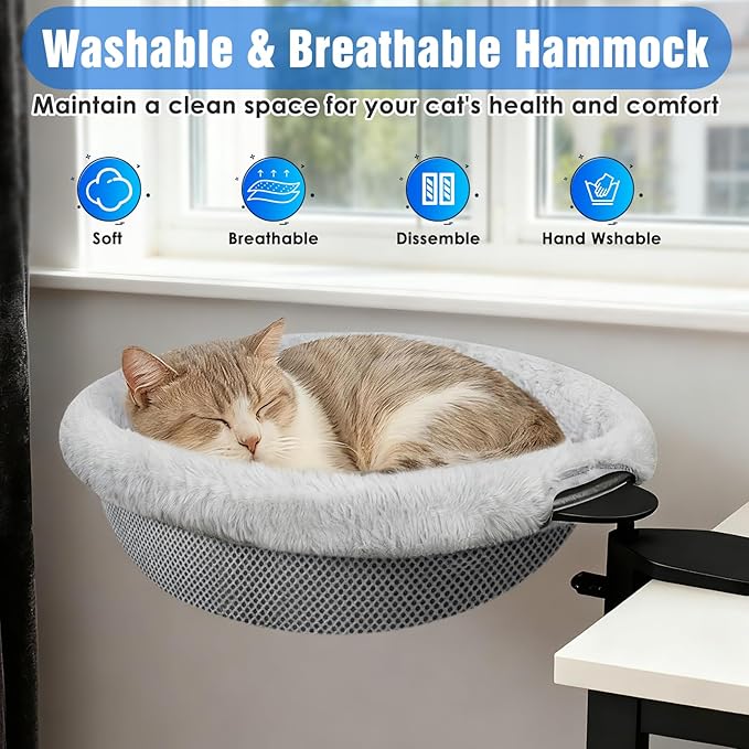 IPOW Heavy Duty Steel Frame 180° Rotating Cat Desk Bed Semi-Circular Cat Bed, Soft Faux Rabbit Fur Material, Suitable for Various Desktops-Maximum Hold Up to 40lb