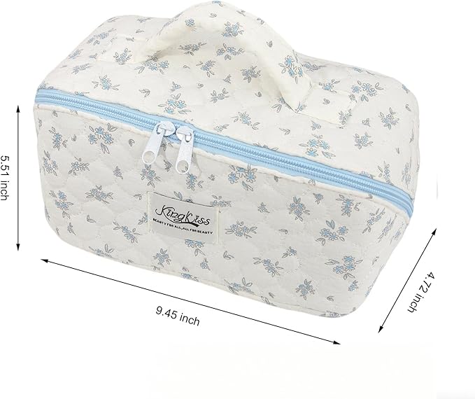 HiTotes Travel Makeup Bag Coquette Floral Cosmetic Bag Quilted Wide Open Lay Flat Toiletry Bag Cute Travel Makeup Pouch