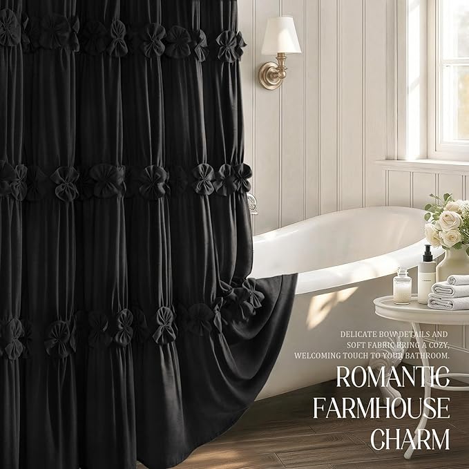 XOGUIBO Ruffle Shower Curtain with Handmade Bow Tie, Black Linen Vintage Farmhouse Shower Curtain for Bathroom, 72" W x 72" H