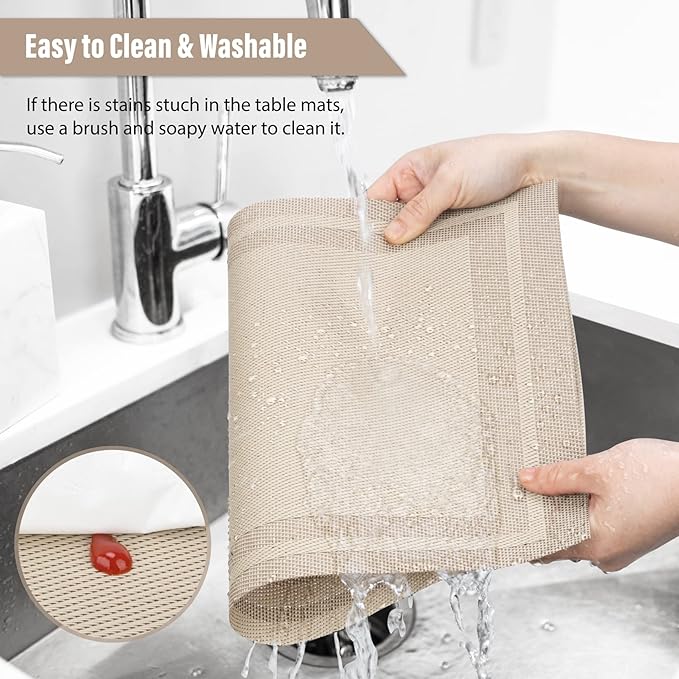 Winknowl Placemats Set of 4，Heat Resistant Woven Vinyl Washable PVC Place Mats，Non-Slip Stain Resistant Indoor/Outdoor Table Mats for Dining Table (Gold)