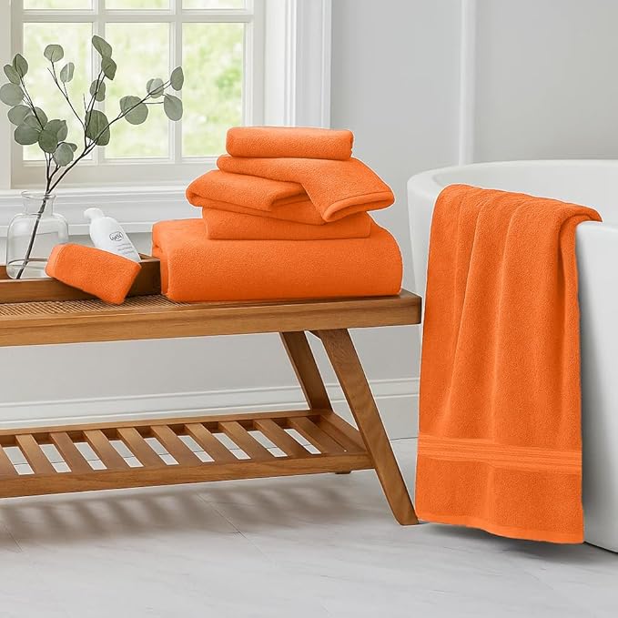 RIVERSIDE Pack of 8 Towels Set, 2 Large Bath, 2 Hand, 4 Face Washcloths, 100% Cotton Hotel Quality, Super Soft, Quick Dry, Highly Absorbent Perfect for Bathroom, Orange