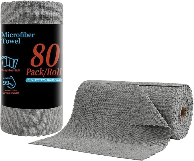 Tigona 80 Pack Microfiber Cleaning Cloth Roll,Lint Free Rags & Tear Away Reusable Towels Washable Scratch,Ultra Absorbent Dish Rags(12" x 12") for Car Kitchen Home Garage-Dark Gray