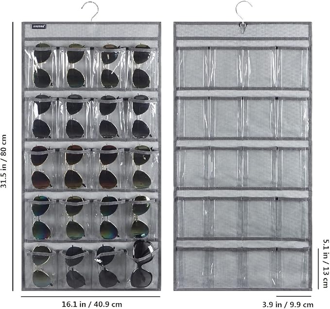 ANZORG Dual Sided Hanging Sunglasses Organizer Storage Wall Mounted Eyeglasses Holder Eyewear Display Case with 40 Clear Slots (40 Pockets-Grey)