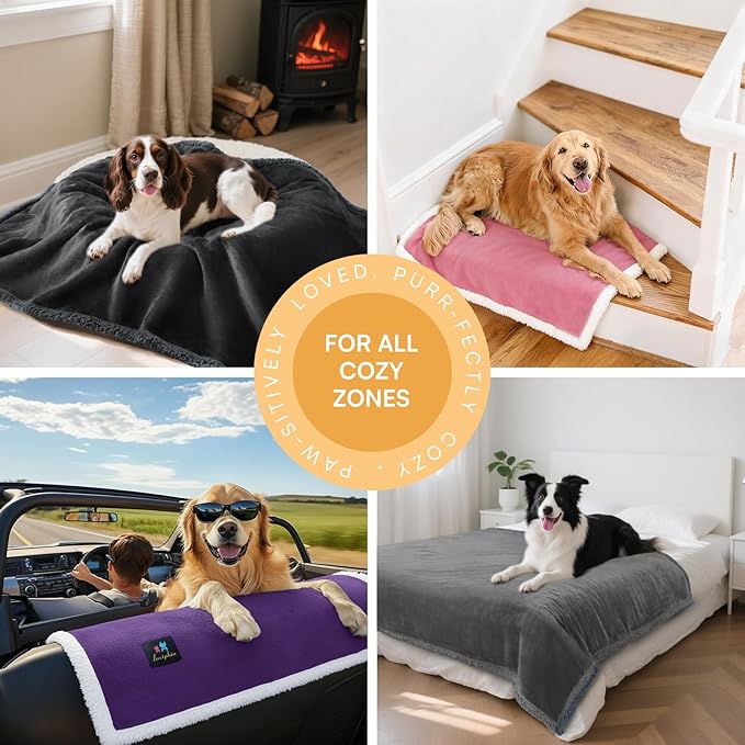 Luciphia Waterproof Bed Blanket Washable,Soft Sherpa Fleece Puppy Reversible Throw Blankets for Small Medium Dog Cat,Furniture Cover Protector Couch from Liquid Pee and Pet Fur,Purple White,57" x 40"