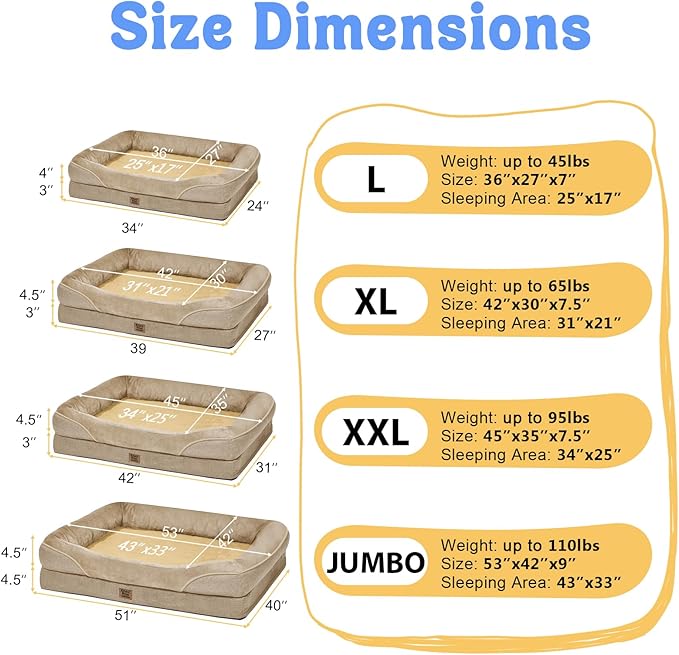 Orthopedic Extra Large Dog Bed - XXL Washable Memory Foam Giant Pet Couch Sofa with Removable Cover Waterproof Bolster for Large Size Dogs, 42x30