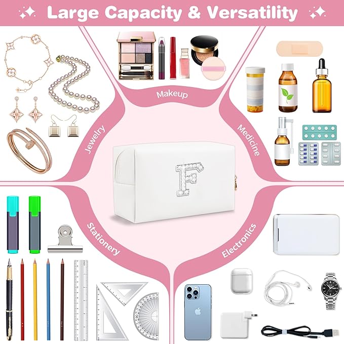 Bride Gifts – Personalized Initial Makeup Bag with Pearl Rhinestone Patch, Preppy White Monogram Cosmetic/Toiletry Pouch, bridesmaid Gifts, Bridal Shower Gifts, Wedding Gifts, Bridal Gifts,F