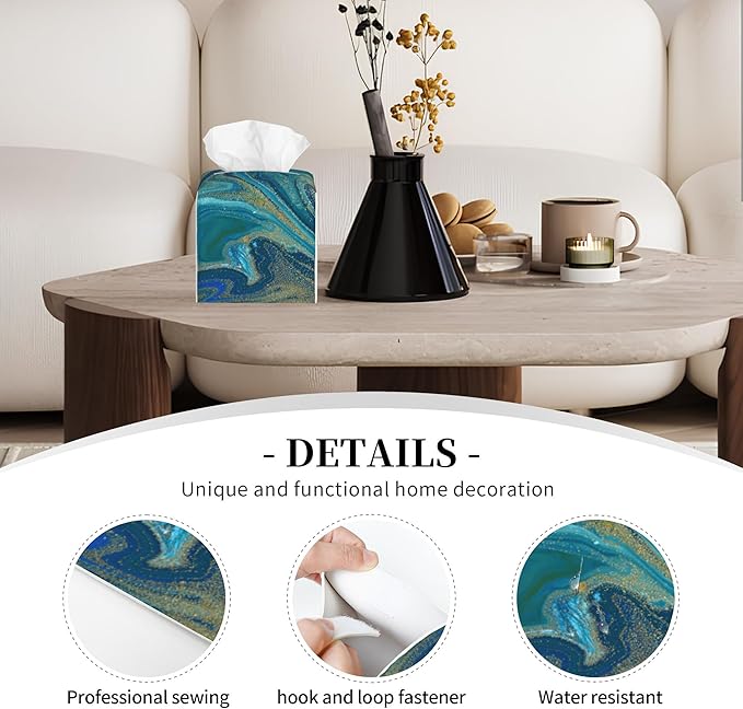 POIUBLE Leather Tissue Box Holder Blue and Gold Liquid Marble Tissue Box Cover Square Waterproof Tissue Holder Organizer Modern Napkin Holder for Bedroom Dresser Night Stand Office Desk