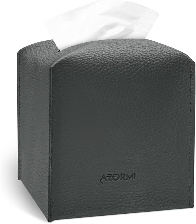 Tissue Box Cover Holder, PU Leather Tissue Box Cover Square with Bottom Belt, Cube Tissue Holder for Bathroom, Modern Organizer for Car, Office, Tabletop (Charcoal, 14 Leather Patterns)