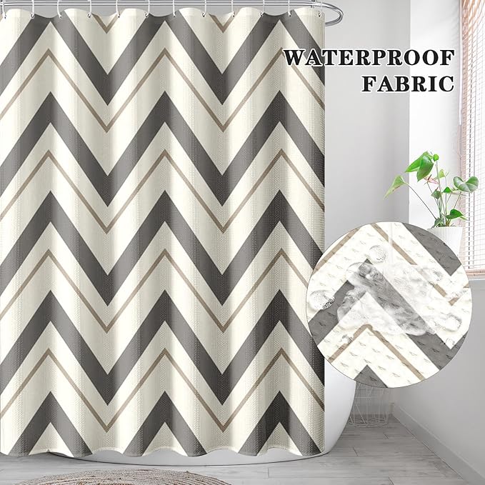 Culudea Chevron Striped Modern Beige Grey Waffle Textured Cloth Shower Curtain Set, Wave Zig Zag Minimalist Bathroom Window Waterproof Shower Curtains for Bathroom Decor