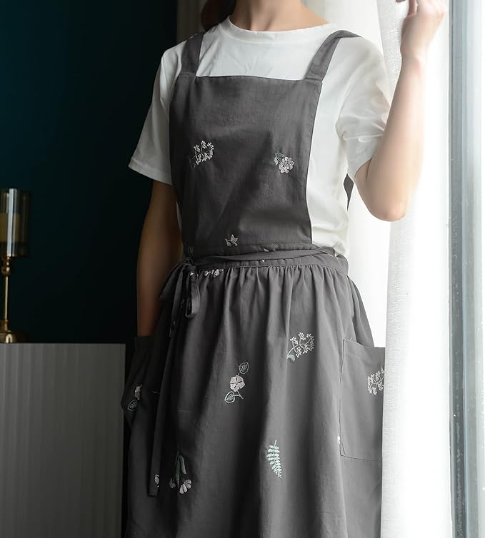 Japanese apron Women-Cross Back Apron for Women with Pockets, Pinafore Aprons, Womens Cotton Linen Apron