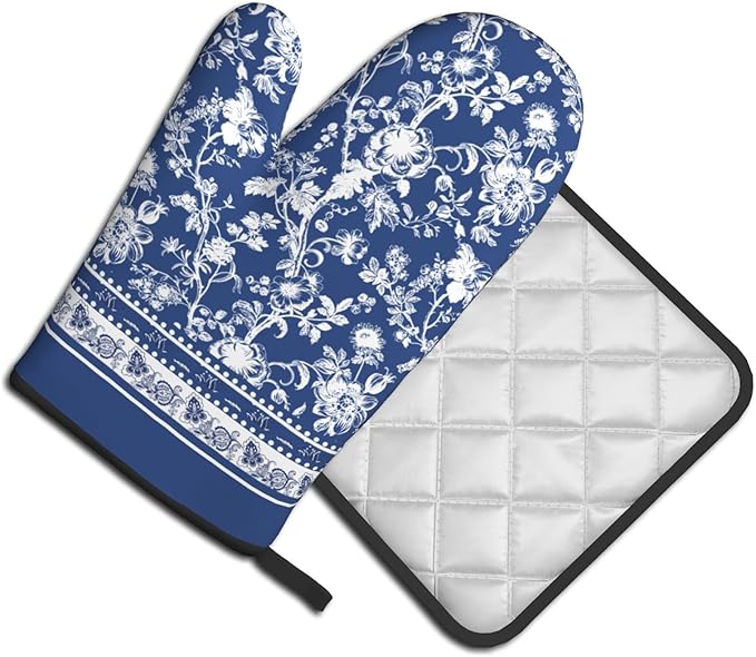 Blue White Floral Oven Mitts and Pot Holders Sets,Chinoiserie Oven Mitts for Kitchen Decor,Vintage Bohemian Style Heat Resistant Oven Glove Potholders for Baking Cooking BBQ