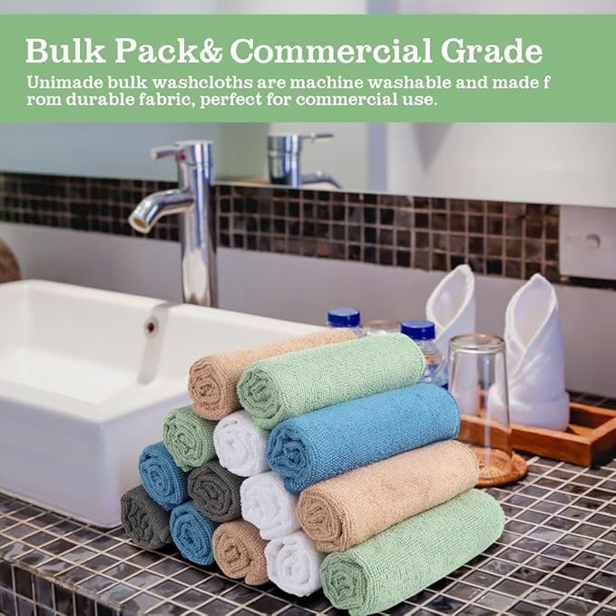 UNIMADE Washcloths Bulk 100 Pack Face Towels (12" x 12"), Highly Soft Wash Cloths and Hand Towels, Fast Drying Multi-Purpose Microfiber Cleansing Cloths for Bathroom, Hotel, Spa, and Salon-Multicolor