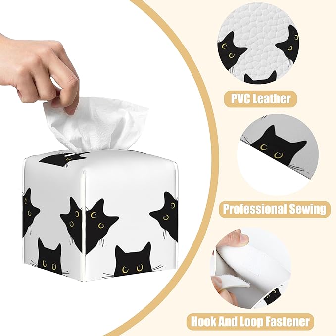 BLYKVGHQ Black Cat Tissue Box Cover Square, Tissue Box Holder with Bottom Belt Leather Facial Paper Organizer Dispenser for Bathroom Bedroom Dresser Night Stand Tabletop