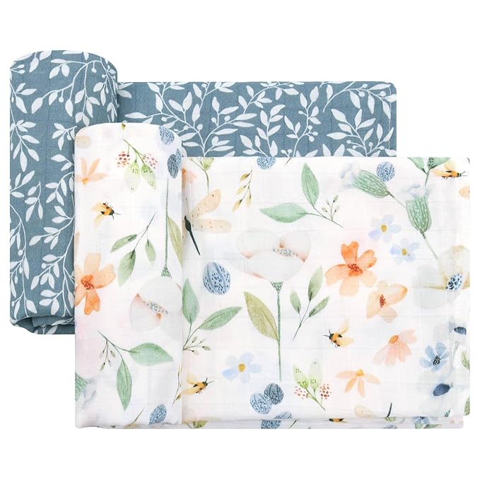LifeTree Baby Swaddle Blankets, Boys Girls Muslin Swaddling Wrap Receiving Blanket for Newborn, 70% Viscose from Bamboo and 30% Cotton, Large 47" x 47", Blue Floral and Leaf